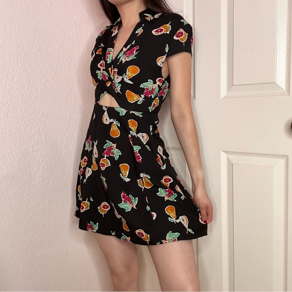 URBAN OUTFITTERS Black Fruit Graphic Dress Fit and Flare with Collar SZ: XS